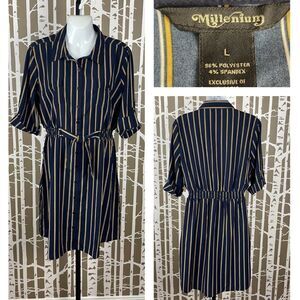 Millenium Navy Blue Mustard Yellow Striped Button Front Shirt Dress sz L